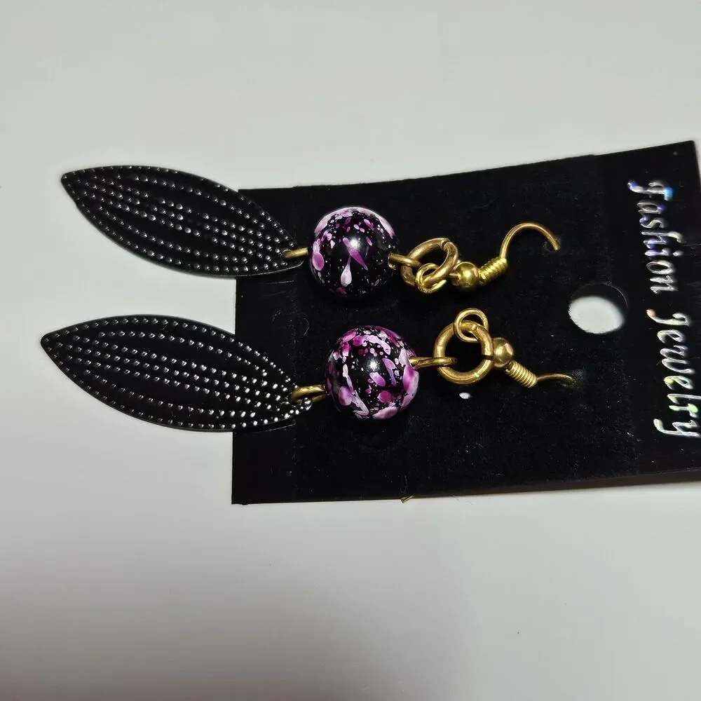 Gold Tone Purple Bead Black Metal Dangling Earrings